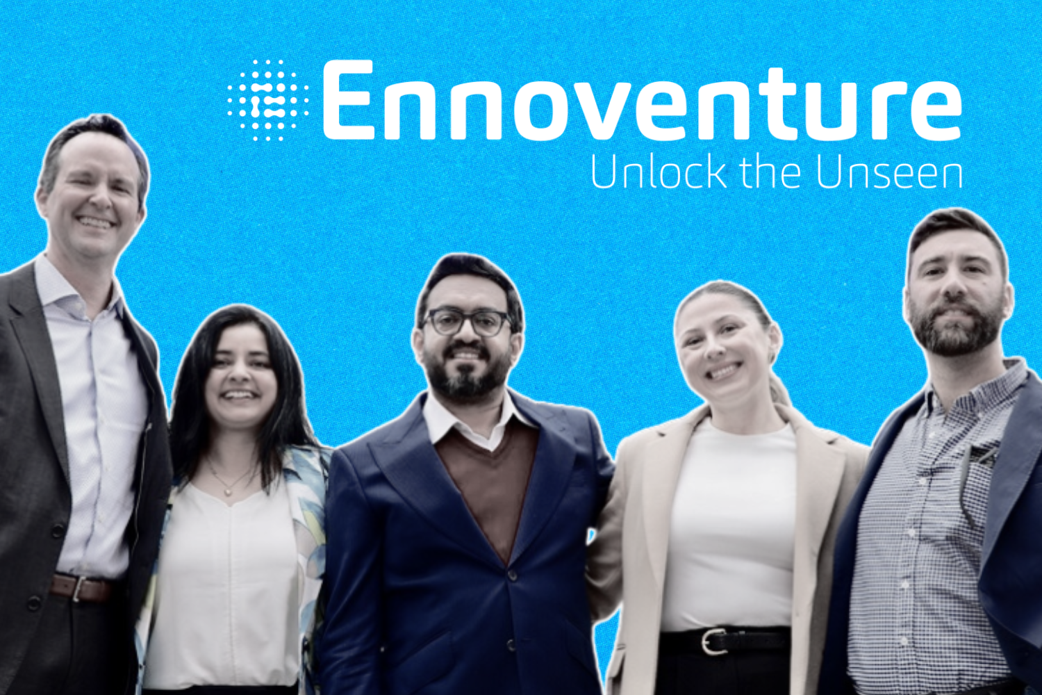 A group of five people, dressed in business attire, stand in front of a bright blue background. They are smiling confidently, conveying a sense of professionalism and camaraderie. The text "Ennoventure" with the tagline "Unlock the Unseen" is displayed prominently above them.