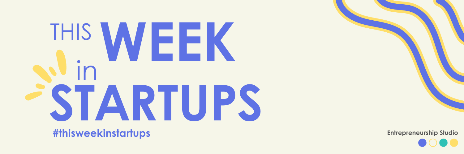 A wide promotional banner for 'This Week in Startups' by Entrepreneurship Studio. The banner features large, bold letters spelling out 'THIS WEEK in STARTUPS' in blue, accented with a sunburst graphic in yellow to the left. Below the main text, there's a hashtag '#thisweekinstartups'. The background includes abstract, wavy lines in shades of blue and yellow, flowing towards the right side of the image. The Entrepreneurship Studio logo is subtly positioned in the bottom right corner.