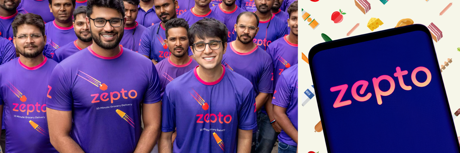 Zepto team members wearing branded purple shirts with the company logo pose together, showcasing a unified and vibrant team spirit. Adjacent to this, the Zepto logo is displayed on a smartphone screen against a backdrop of various grocery items, highlighting the company's focus on quick grocery delivery