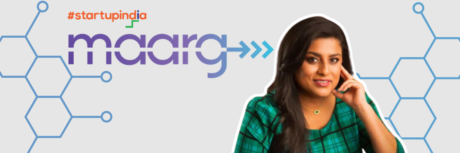 A banner featuring Kasturi Chitre, renowned food scientist and quality assurance expert, against a backdrop with the MAARG program logo and #startupindia. The background includes a pattern of blue hexagons connected by lines, symbolizing innovation and connectivity in the startup ecosystem.