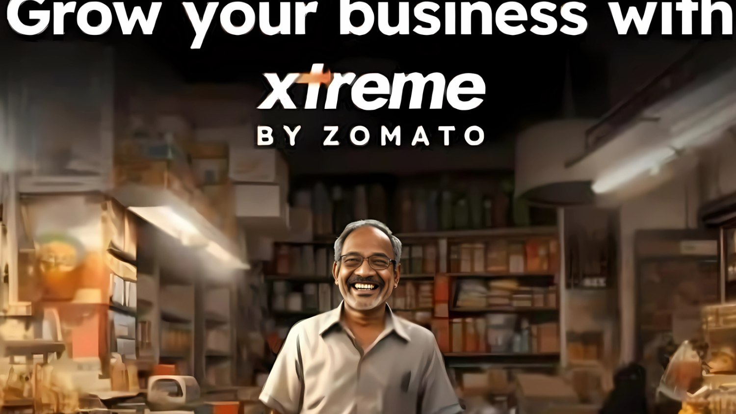 The image features an older man smiling confidently in front of a well-stocked shop, representing a small business. The bold text above reads, "Grow your business with Xtreme by Zomato," highlighting a business-focused service. The background shows shelves filled with various items, conveying the atmosphere of a busy shop, while the Zomato Xtreme logo takes center stage, emphasizing the logistics and growth potential Zomato offers to merchants.