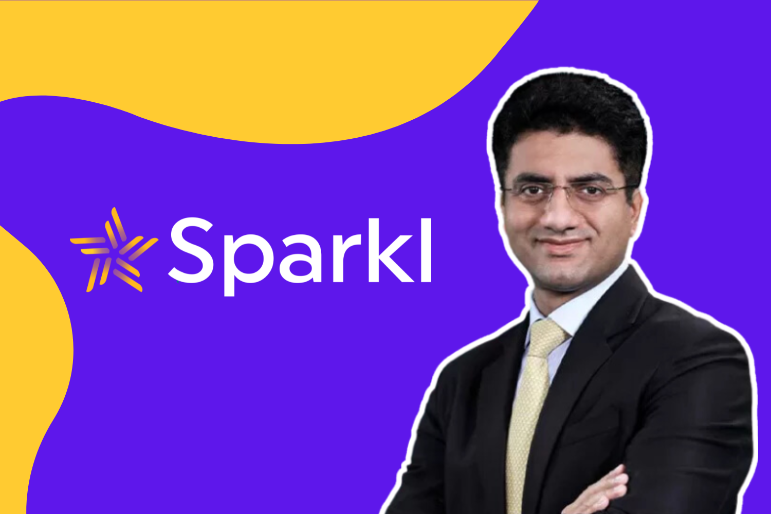 A man in a black suit and yellow tie stands confidently with his arms crossed, set against a dynamic purple background with flowing yellow shapes. The logo "Sparkl," with a star-shaped design, is prominently displayed on the left.