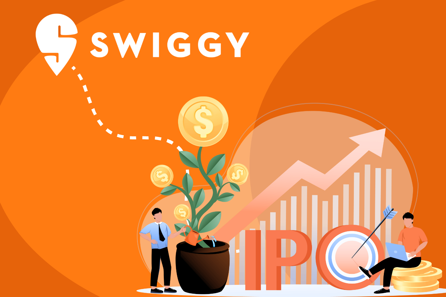 An orange-themed banner for Swiggy, featuring an illustration of a plant growing from a pot with dollar symbols as fruits, symbolizing financial growth. "IPO" is prominently displayed, with an arrow pointing upwards to indicate growth, and a man sitting on a stack of coins with a laptop, representing investment success.