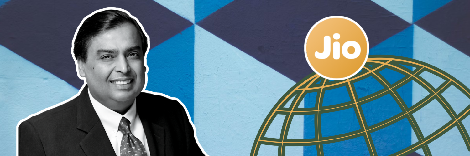 This banner image features a stylized portrait of Mukesh Ambani, a well-known Indian businessman, placed against a graphic backdrop with blue tones and geometric patterns. To the right, the logo of Reliance Jio—a globe encased in a grid pattern with the Jio logo on top—is prominently displayed, symbolizing the global reach and connectivity of the brand. The overall design merges elements of corporate branding with a modern, graphic style.