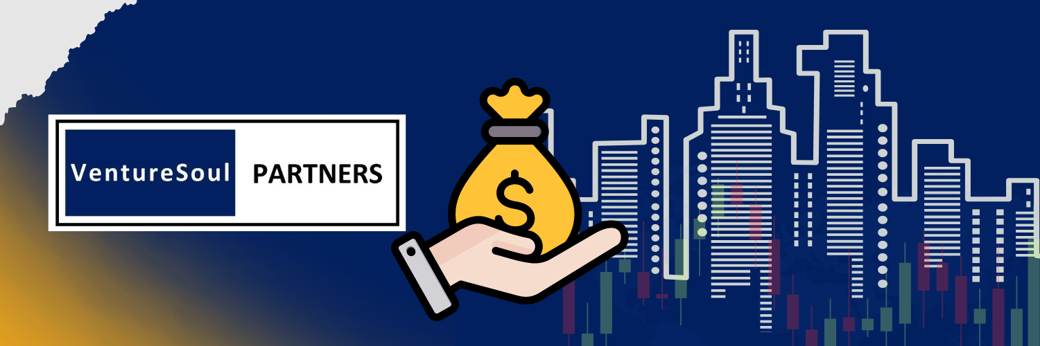 This image features a wide banner designed for a business or venture capital theme. On the left, there is a logo labeled "VentureSoul PARTNERS" within a rectangular box. The middle section displays a graphic of a hand holding a money bag, symbolizing financial investment or support. The background transitions from a golden sunset color on the left to a deep blue on the right, where an outline of a city skyline is illustrated, representing an urban business landscape. The design elements combine to convey themes of investment, partnership, and urban business development.