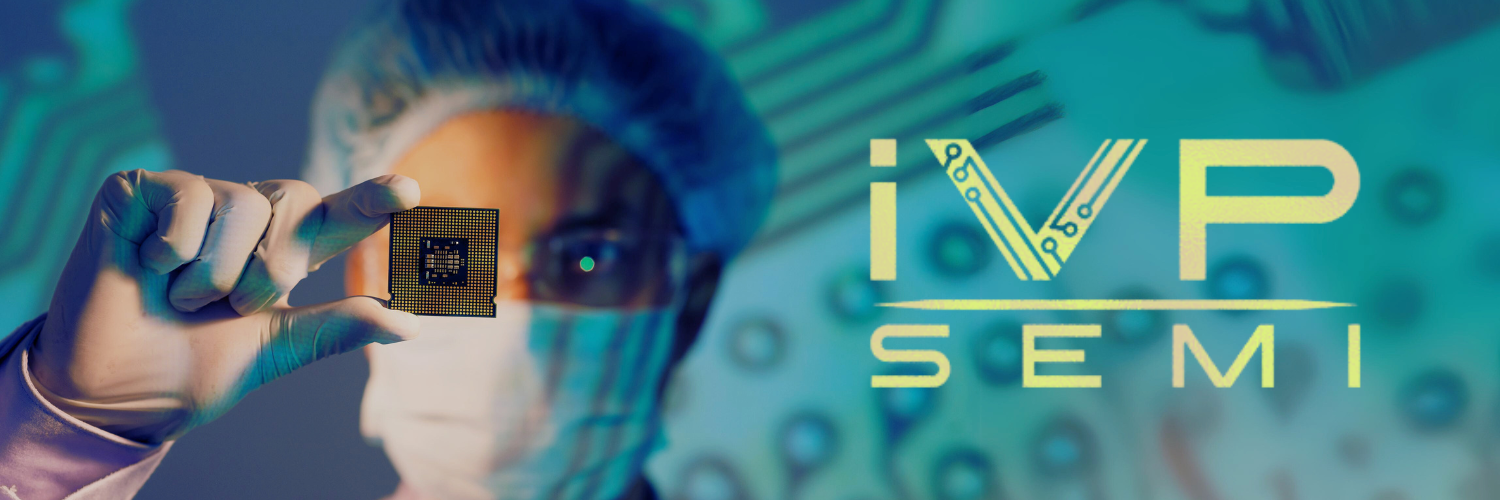 A scientist wearing a mask and protective gear holds a microchip, with the iVP Semi logo displayed prominently on the right side. The background features a circuit board design, highlighting the focus on semiconductor technology.