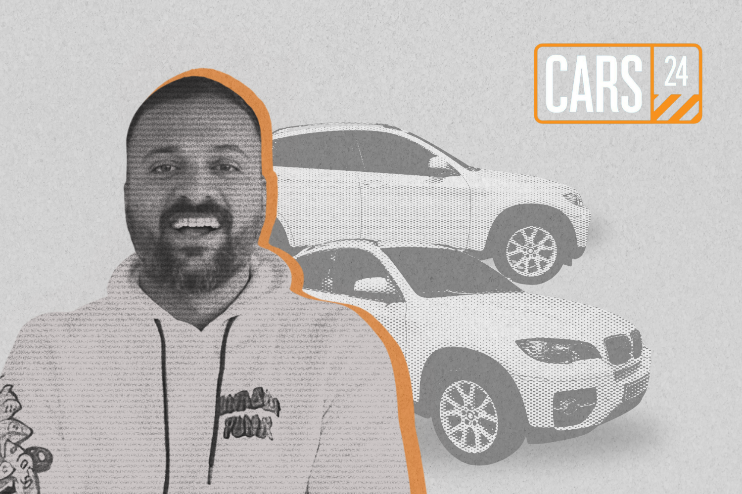 This image showcases a person smiling in casual attire, with stylized illustrations of cars in the background. The Cars24 logo is placed prominently in the top-right corner. The textured design and vibrant orange accent highlight a youthful and dynamic vibe.