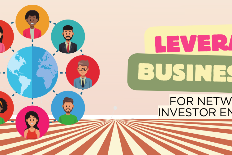 The image features a graphic with the title "Leveraging Business Plan for Network and Investor Engagement." The design includes a world map in the center, surrounded by various illustrated faces representing a diverse group of professionals. These faces are connected by dotted lines, symbolizing networking and global engagement. The background has a retro-styled pattern with stripes extending from the bottom, creating a sense of depth and direction towards the title. The color scheme is a mix of warm tones, with the title text highlighted in bold, contrasting colors for emphasis.