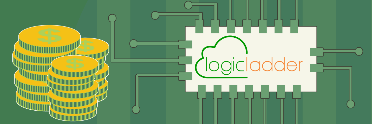 The image features a stylized representation of LogicLadder's financial growth and technological focus. On the left, there are stacks of gold coins symbolizing a recent investment of $2.5 million. These coins are connected by circuit lines to a central microchip with the LogicLadder logo, indicating how the investment fuels the company’s tech-driven solutions in sustainability and climate action. The green background suggests the focus on environmental technologies.