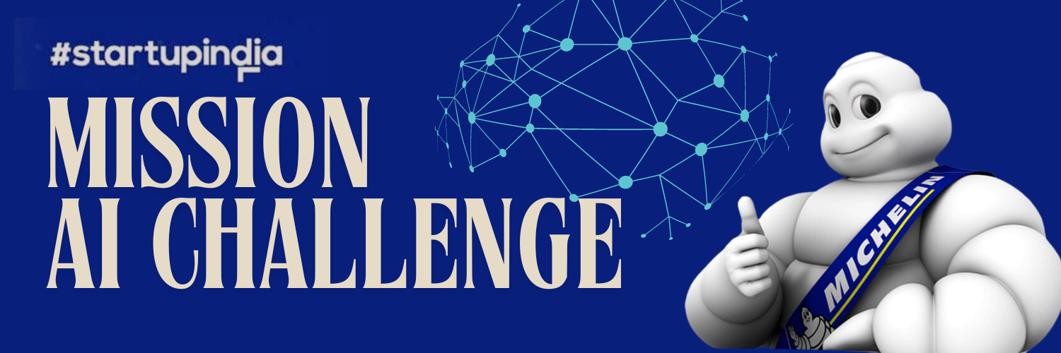 #startupindia Mission AI Challenge banner featuring the Michelin Man giving a thumbs-up, with a network graphic in the background on a blue backdrop.