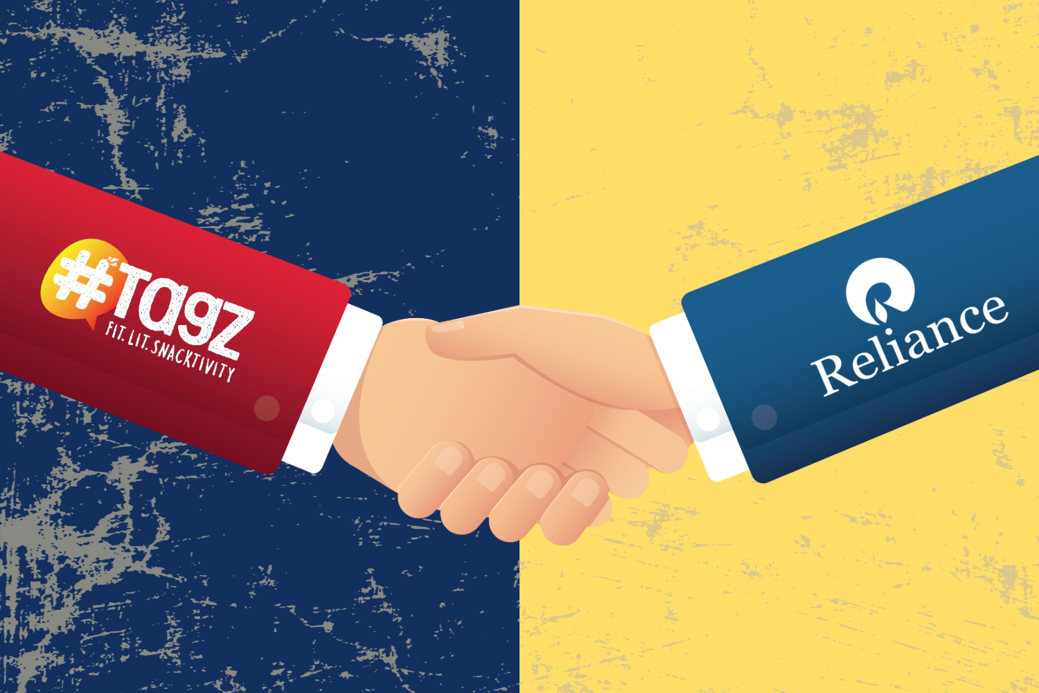 This image showcases a handshake symbolizing a partnership or agreement between two entities, with the logos of TagZ (featuring the tagline "Fit. Lit. Snacktivity") on one sleeve and Reliance Industries Limited on the other. The background features a split-color design of navy blue and yellow with a textured pattern, emphasizing collaboration and branding.
