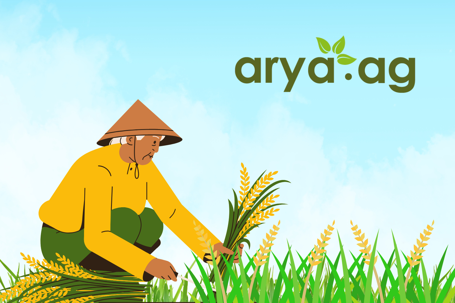The image shows an illustration of a farmer, wearing a traditional conical hat, crouching and working in a green field filled with tall crops. The farmer is dressed in a yellow shirt and green pants, holding a bundle of harvested grain. In the background, the sky is blue with light clouds. The text "arya.ag" is displayed in the upper right, with a stylized green leaf incorporated into the letter "y."