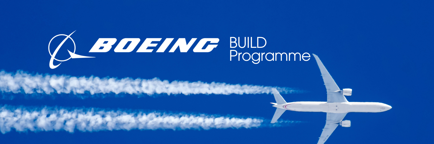 "Boeing BUILD Programme" banner image featuring a Boeing aircraft flying in a clear blue sky with contrails behind it. The Boeing logo and "BUILD Programme" text are prominently displayed on the left side of the image.