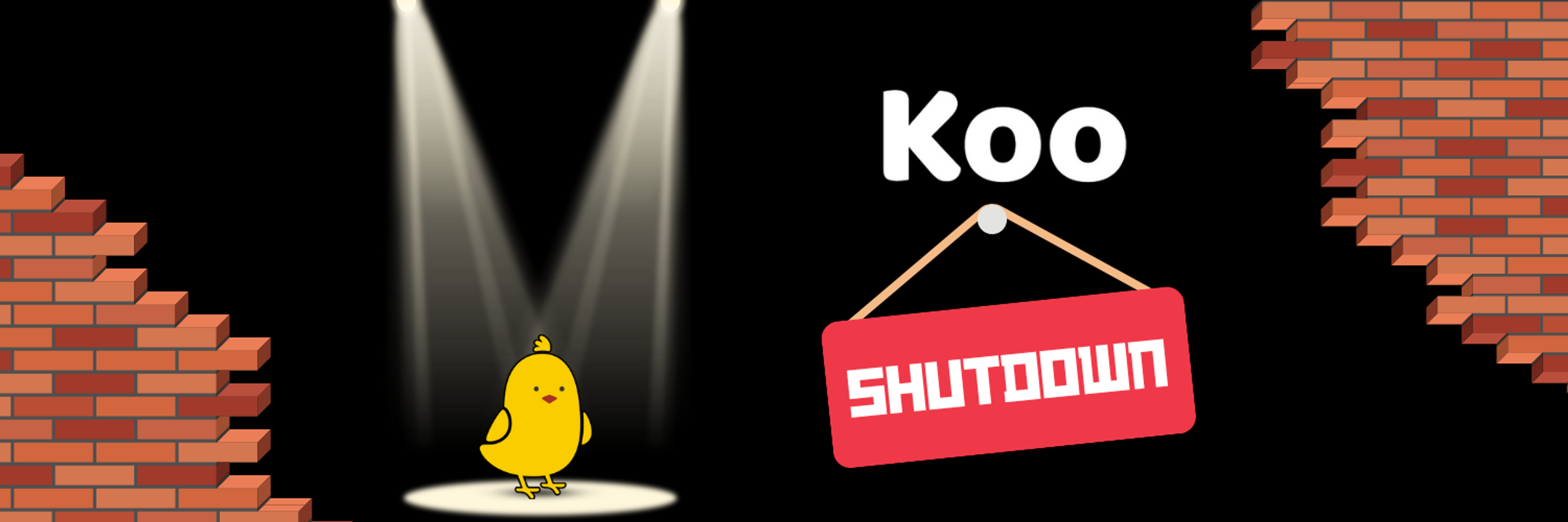 Illustration of Koo's mascot, a small yellow bird, standing in a spotlight on a dark stage, flanked by two brick walls. The word 'Koo' appears prominently above a red 'Shutdown' sign hanging next to the bird, symbolizing the closure of the Indian social media platform.