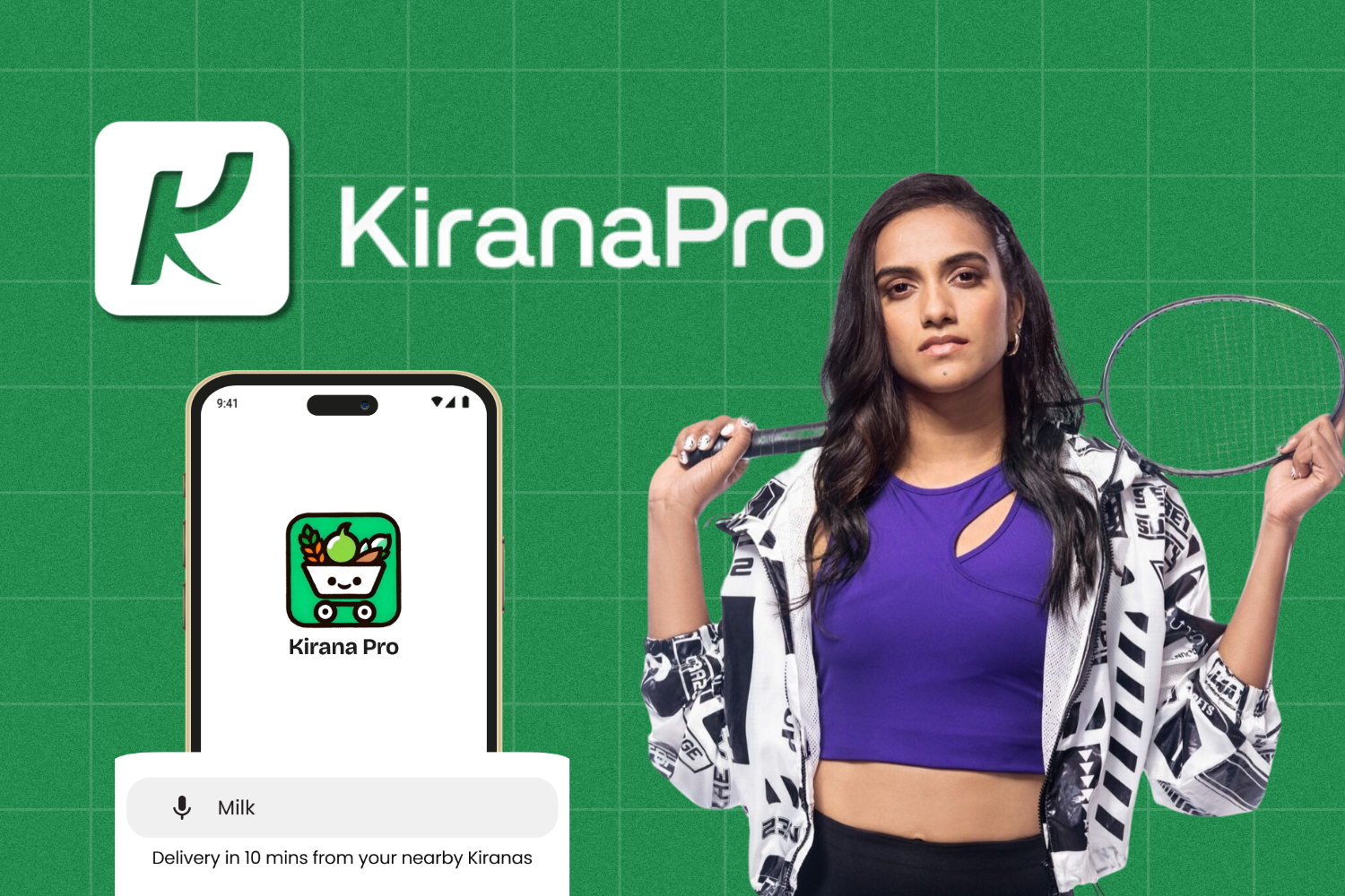 Image presenting Pv Sindhu as brand ambassador of KiranaPro
