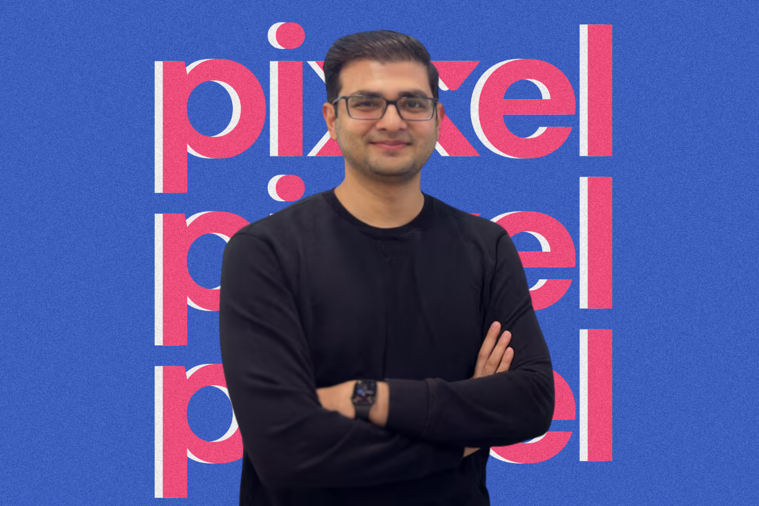 The image features a person with short hair and glasses, wearing a black sweater, standing confidently with arms crossed against a textured blue background. The word "pixel" is repeated in a bold pink and white font multiple times, creating a vibrant and dynamic design.