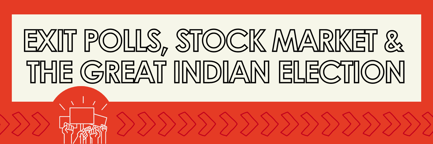 The image is a wide banner with a bright red background and white text. It reads "EXIT POLLS, STOCK MARKET & THE GREAT INDIAN ELECTION" in bold, capitalized letters. The layout is straightforward, with a central light bulb icon symbolizing ideas or insights, and red arrow motifs pointing right, enhancing the dynamic and forward-moving theme of the content.