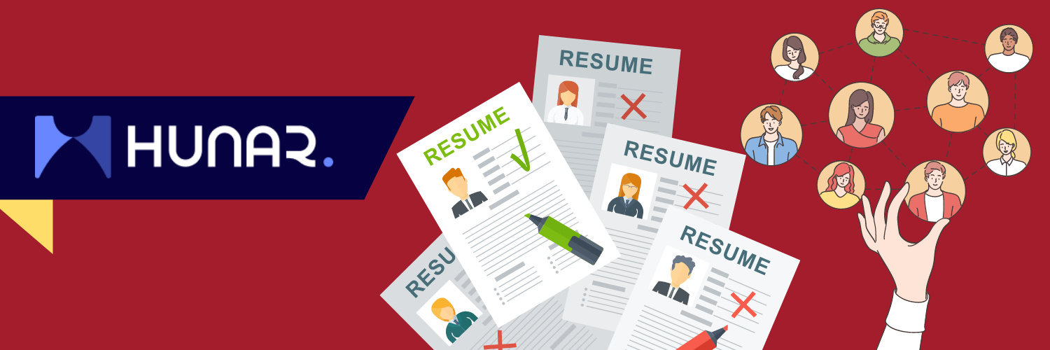 An image with a red background features the Hunar.AI logo on the left side. The logo consists of a stylized 'H' in shades of blue, followed by the text "HUNAR.AI" in white. On the right side of the image, several resumes are shown, with some marked with a red cross and one with a green checkmark. Above the resumes, there is a hand reaching out to connect with various illustrated profiles of people, indicating a network or hiring process.