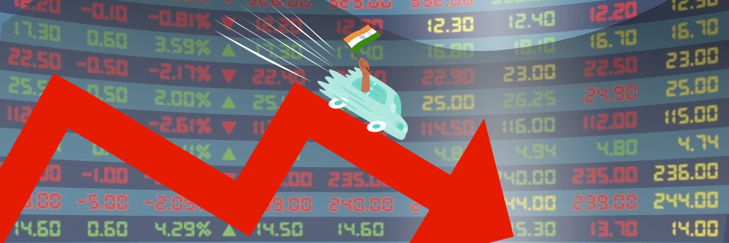 The image depicts a stock market display screen with multiple stock prices showing a significant downtrend, indicated by red arrows and negative percentage changes. A stylized, cartoon-like graphic overlay shows a rocket with the Indian flag crashing downward, aligned with the downward movement of the market trends on the display, symbolizing a rapid decline in stock values. This visual metaphor effectively captures the dramatic impact of a stock market crash. The background is filled with numeric stock data in white against a dark background, enhancing the visibility of the red graphical elements representing the market downturn.