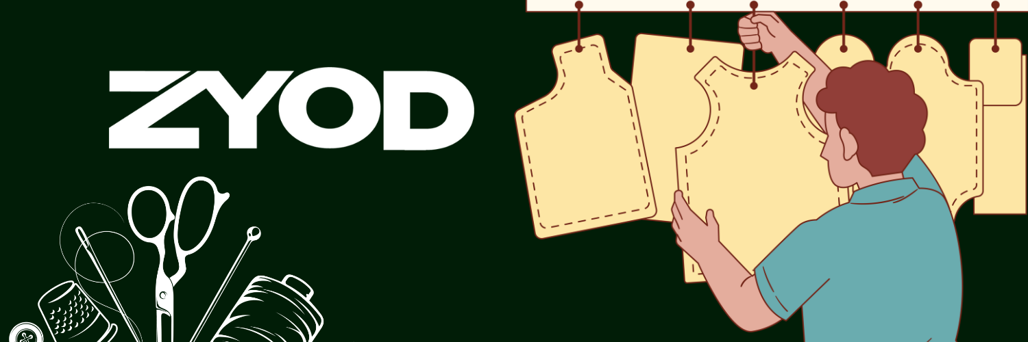 The image features a horizontal banner for Zyod, showcasing a stylized, graphic design. The left side prominently displays the logo "ZYOD" in large, bold white letters on a dark green background. To the right, a detailed illustration depicts a person, seen from behind, working on fashion design patterns. They are hanging up various pieces of pattern paper, which include different garment outlines. The scene is set against the same dark green background and emphasizes elements of fashion design such as scissors, threads, and pins, adding to the creative, industry-focused theme of the banner.