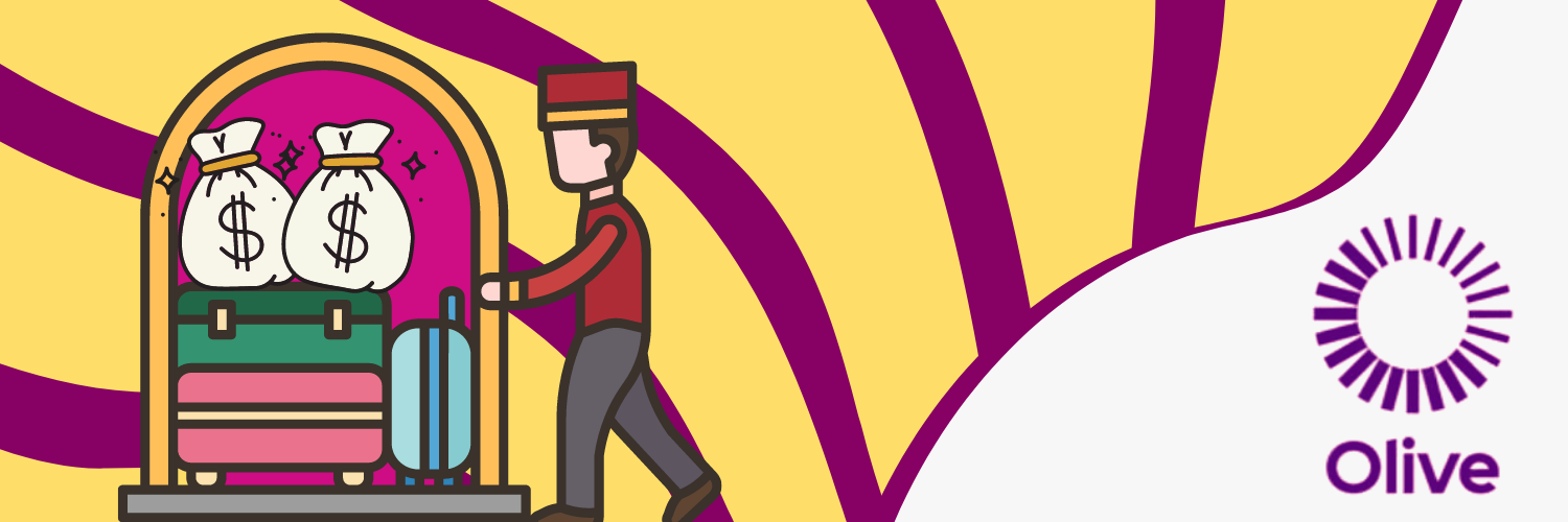 This image is a promotional banner for Olive, featuring a stylized graphic design. The banner includes an illustration of a bellhop pushing a luggage cart loaded with two oversized bags of money, emphasizing the company's revenue growth. The background is divided into bold sections of yellow and magenta, creating a vibrant contrast. On the right side of the image, there's the Olive logo, which includes a stylized sun motif in purple, adding to the brand's identity. The overall design is playful and colorful, highlighting Olive's prosperity in the hospitality industry.