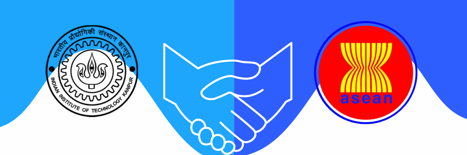 Logos of the Indian Institute of Technology Kanpur (IIT Kanpur) and the Association of Southeast Asian Nations (ASEAN) with a handshake icon between them, symbolizing a collaboration. The background is divided into two shades of blue, enhancing the partnership theme.