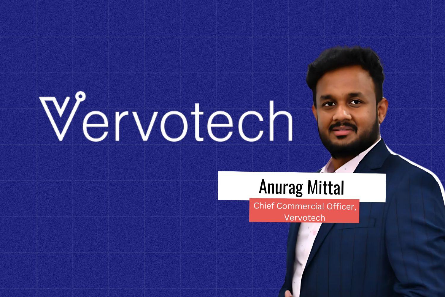 A photo of Anurag Mittal, Chief Commercial Officerof Vervotech, wearing a blue suit.The background features a deep blue color with a grid pattern and the Vervotech logo.
