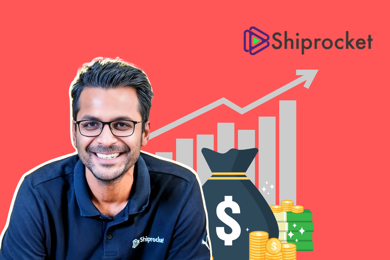 A smiling man wearing a black polo shirt with the Shiprocket logo, against a red background with a graph and financial icons, including a money bag, coins, and an upward-pointing arrow, symbolizing growth and success. The Shiprocket logo is visible in the upper-right corner.