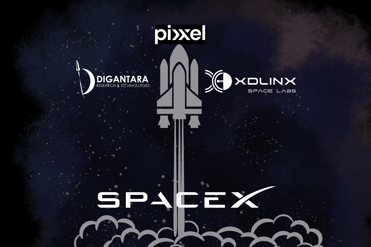Space-themed graphic with a SpaceX rocket, company logos, and a starry night sky background.