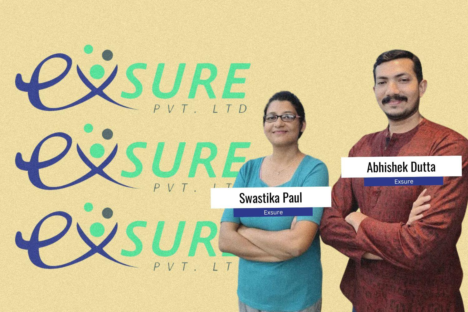 A promotional design highlighting Swastika Paul and Abhishek Dutta, founders of Exsure Pvt. Ltd., with their logo prominently featured.