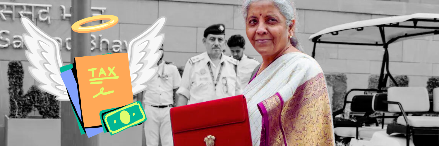 Finance Minister Nirmala Sitharaman, holding a red budget briefcase, stands in front of a government building. An illustrated overlay shows a tax document with wings and a halo, symbolizing the abolition of the angel tax. In the background, security personnel are visible.