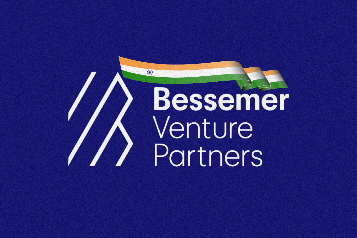 Bessemer Venture Partners logo on a dark blue background, featuring a stylized geometric design alongside the company's name in white text. A flowing Indian flag ribbon is placed above the text, symbolizing the firm's connection to India.