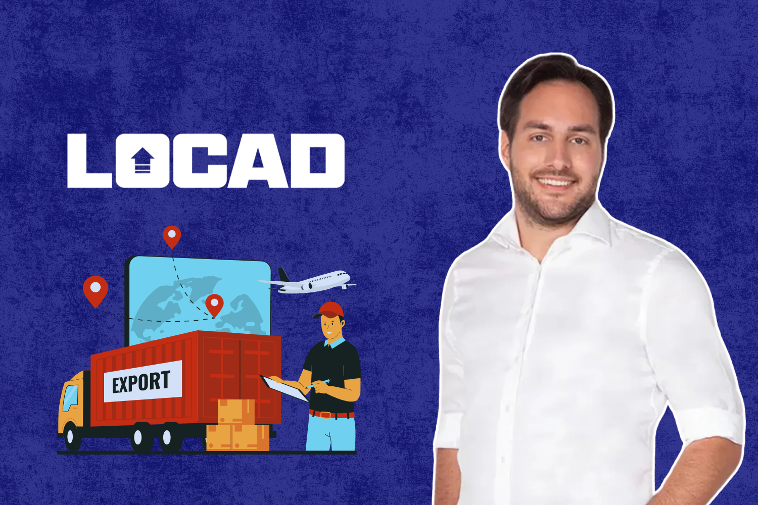 An image of Constantin Robertz, CEO of Locad, featured alongside illustrations of logistics elements such as an export truck, a cargo container, a worker with a clipboard, and a global map with location markers, emphasizing Locad's focus on efficient logistics and international commerce. The company's logo is prominently displayed on a textured blue background.