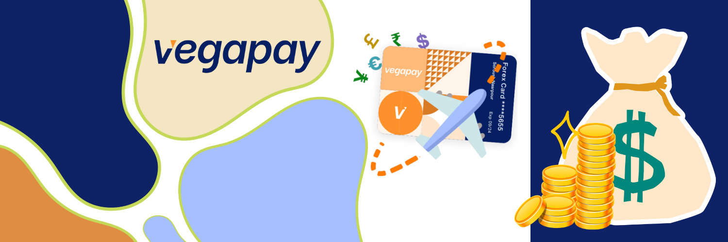 Promotional graphic for Vegapay showcasing a vibrant visual with a split background. The left side is navy blue featuring a credit card marked 'Vegapay' with currency symbols flying around it, and a plane circling above, symbolizing global reach. The right side is orange with the Vegapay logo, a bag of money, and stacked coins, emphasizing financial growth and investment. The overall design highlights Vegapay's financial services and global expansion aspirations.