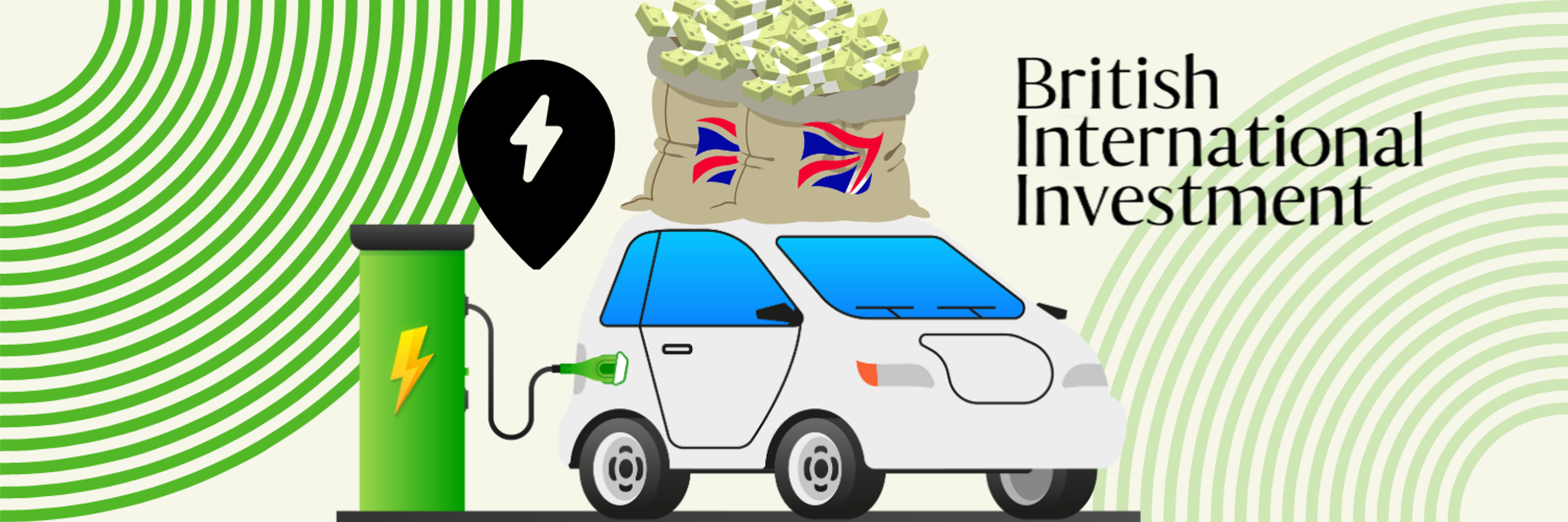The image is a banner for British International Investment, featuring a graphic design related to the electric vehicle (EV) industry. On the left, there's a green electric charging station with a white and blue electric car connected to it, symbolizing the charging process. In the center, there are two large bags of money adorned with the UK flag, representing significant financial investment. A large black lightning bolt symbol next to the money bags emphasizes the focus on electric power. The background is decorated with green and white curved lines, suggesting energy and movement. The company name "British International Investment" is prominently displayed, anchoring the theme of the banner.