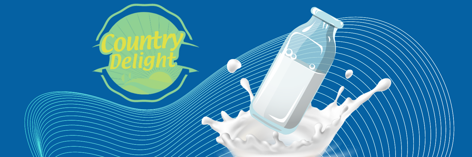 A promotional graphic for Country Delight featuring a bright logo with the brand name enveloped in a pink, sunrise-like emblem against a deep blue background. Beside the logo, a stylized illustration of a milk bottle with milk splashing around it, set over dynamic, white wave lines that suggest movement and freshness.