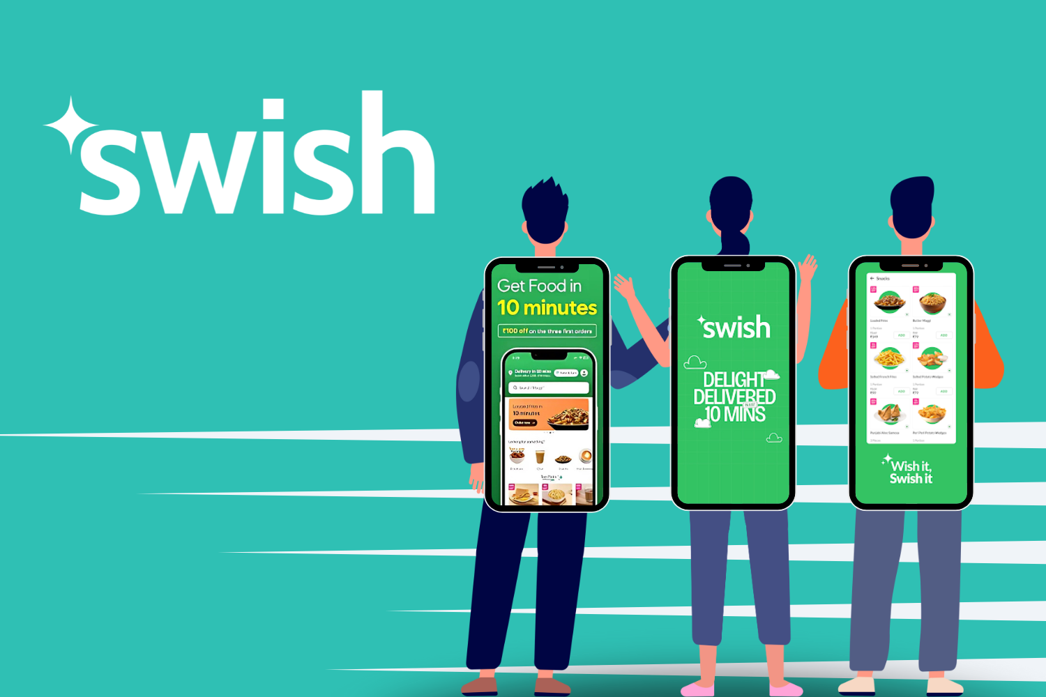A vibrant banner for Swish, highlighting fast food delivery in 10 minutes with bold visuals and the tagline, "Wish it, Swish it." Features app interfaces on mobile screens for a dynamic, tech-forward appeal.
