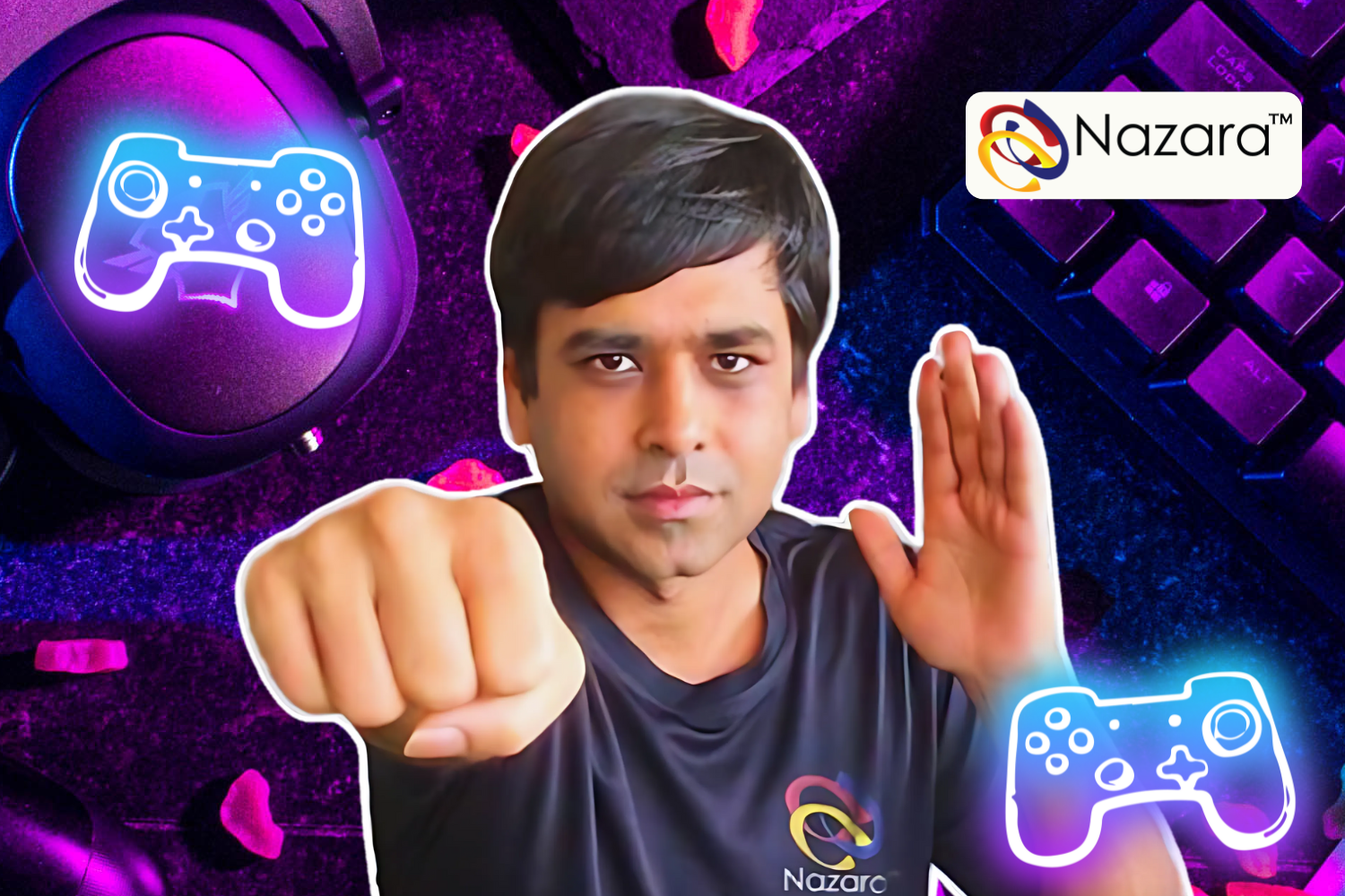 A vibrant banner featuring a man in a Nazara-branded t-shirt, striking an action pose with a determined expression. The background showcases gaming elements, including a keyboard and headset, illuminated with neon purple and blue hues. The Nazara logo is positioned in the top-right corner, alongside glowing neon game controller icons, emphasizing the gaming theme.