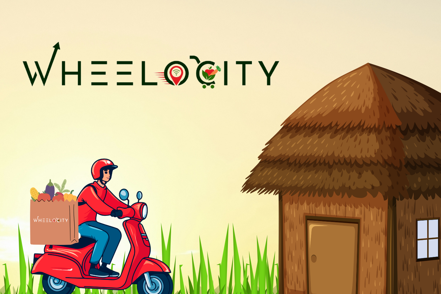 An illustration featuring the 'Wheelocity' logo at the top, with creative elements incorporated into the text, such as a shopping cart and map pin. Below, a delivery person on a red scooter carries a bag filled with vegetables, marked with the Wheelocity branding. The scene includes green grass in the foreground and a traditional thatched-roof hut on the right, set against a light, gradient background.