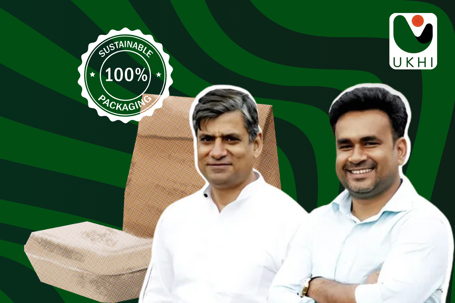 The image features two individuals in the foreground, positioned against a green background with abstract wavy patterns. It includes a "100% Sustainable Packaging" badge and a logo labeled "UKHI," emphasizing eco-friendly branding. A textured packaging material is also depicted in the background.