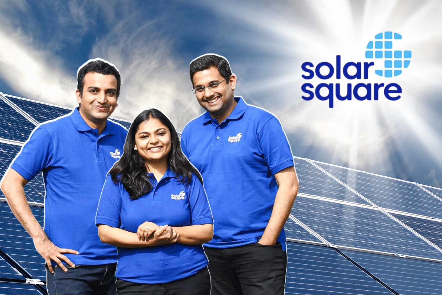 Three team members in matching blue polo shirts stand smiling in front of solar panels. The "Solar Square" logo and sun rays highlight a clean energy theme.