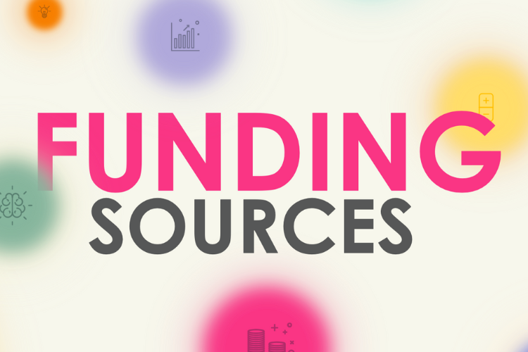 The image is a colorful banner titled "FUNDING SOURCES" featuring a light background adorned with vibrant, soft-focus circles in shades of green, orange, purple, and yellow. The text is bold and modern, primarily in pink, making a prominent contrast against the playful and abstract background, which includes subtle icons related to finance and innovation scattered around the circles. This design visually represents the theme of diverse and dynamic opportunities available in funding, appealing to an audience interested in financial solutions and startup growth.