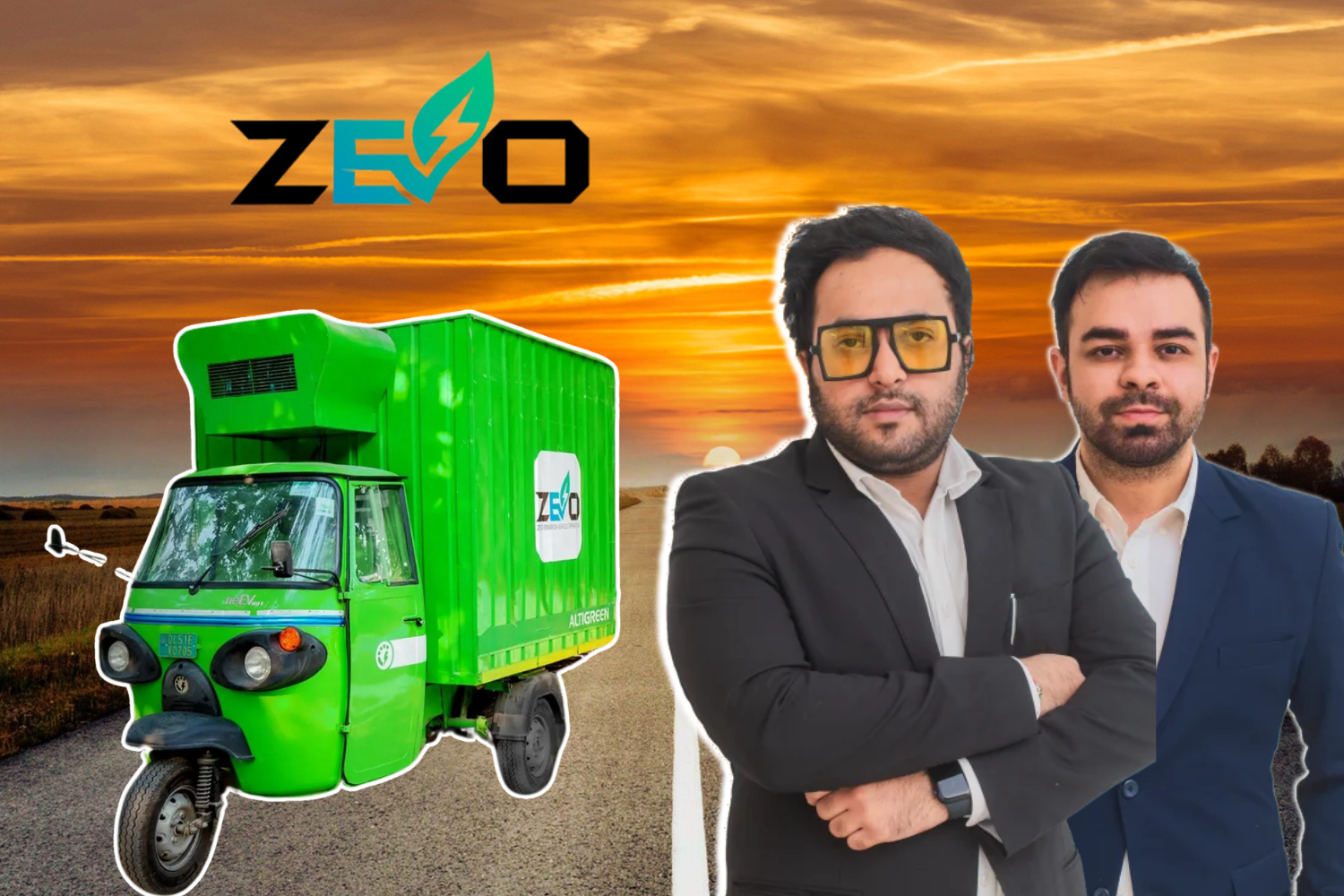 The image shows Aditya Singh Ratnu (left) and Dhruv Bhatia (right), two men in formal attire against a sunset backdrop, with the logo of "ZEVO" prominently displayed above them. Aditya is wearing yellow-tinted glasses, and both are dressed in suits. Alongside them is a green electric rickshaw with the "ZEVO" logo on it. The scene suggests an eco-friendly transportation or electric vehicle startup.
