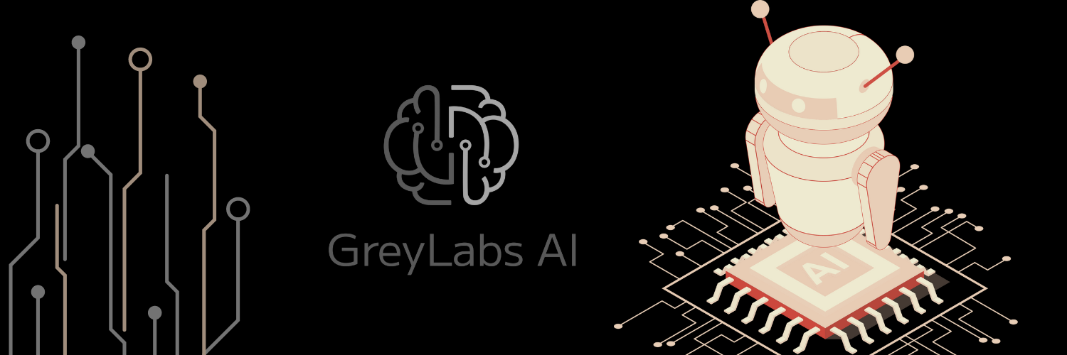 GreyLabs AI logo with a stylized circuit board background and a robotic figure standing on an AI chip.