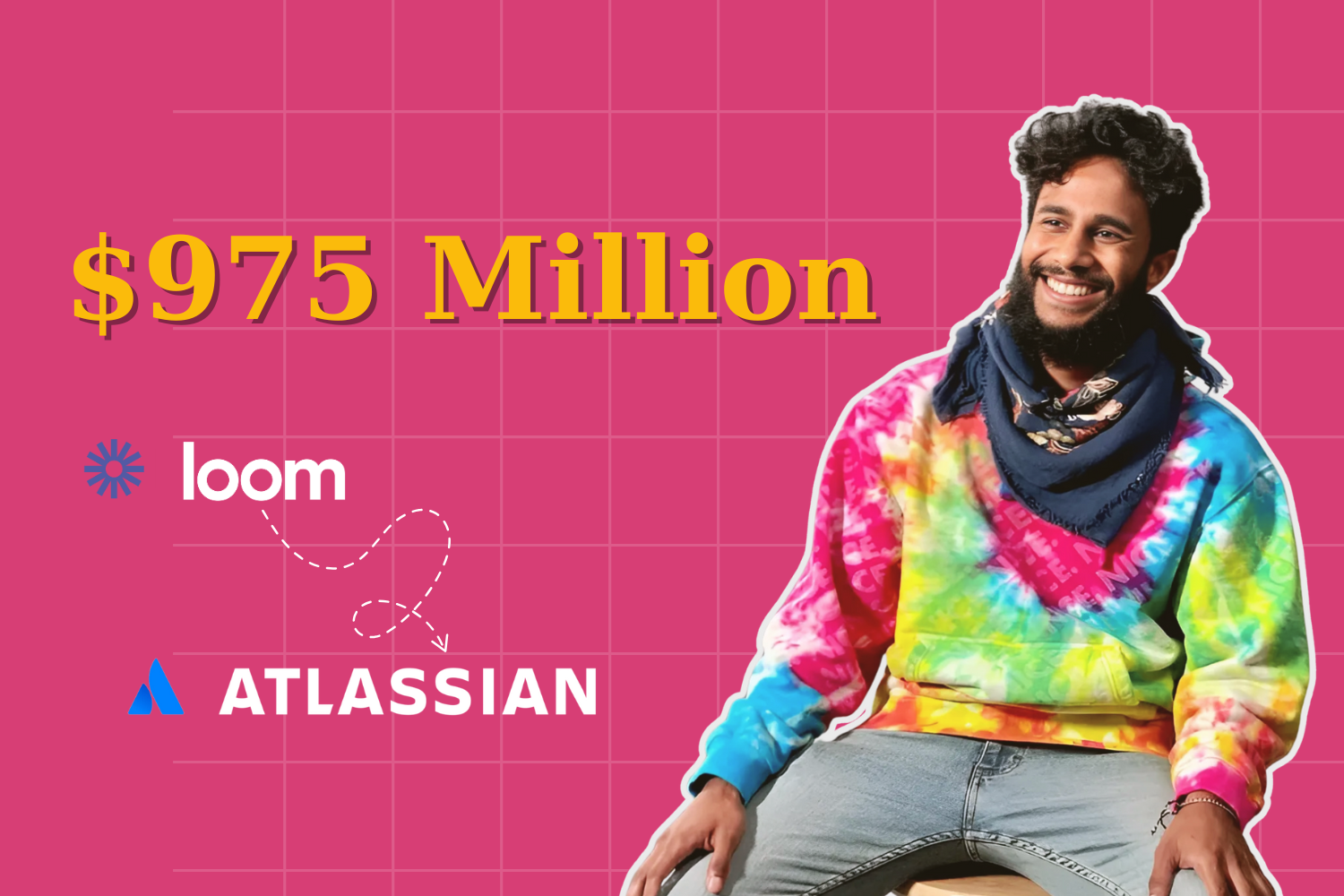 A cheerful man with a colorful tie-dye hoodie and scarf sits against a hot pink grid background. The text "$975 Million" is displayed prominently in gold, with the logos for "Loom" and "Atlassian" connected by a dotted arrow.