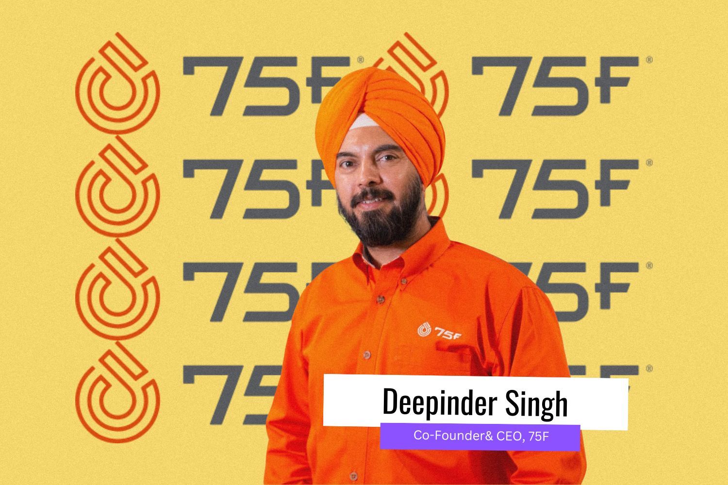 A digital graphic featuring Deepinder Singh, the Co-Founder & CEO of 75F, wearing an orange turban and matching orange shirt with the 75F logo. The background is yellow with repeated "75F" branding in gray and an abstract pattern in orange on the left. A name tag at the bottom identifies him along with his role.