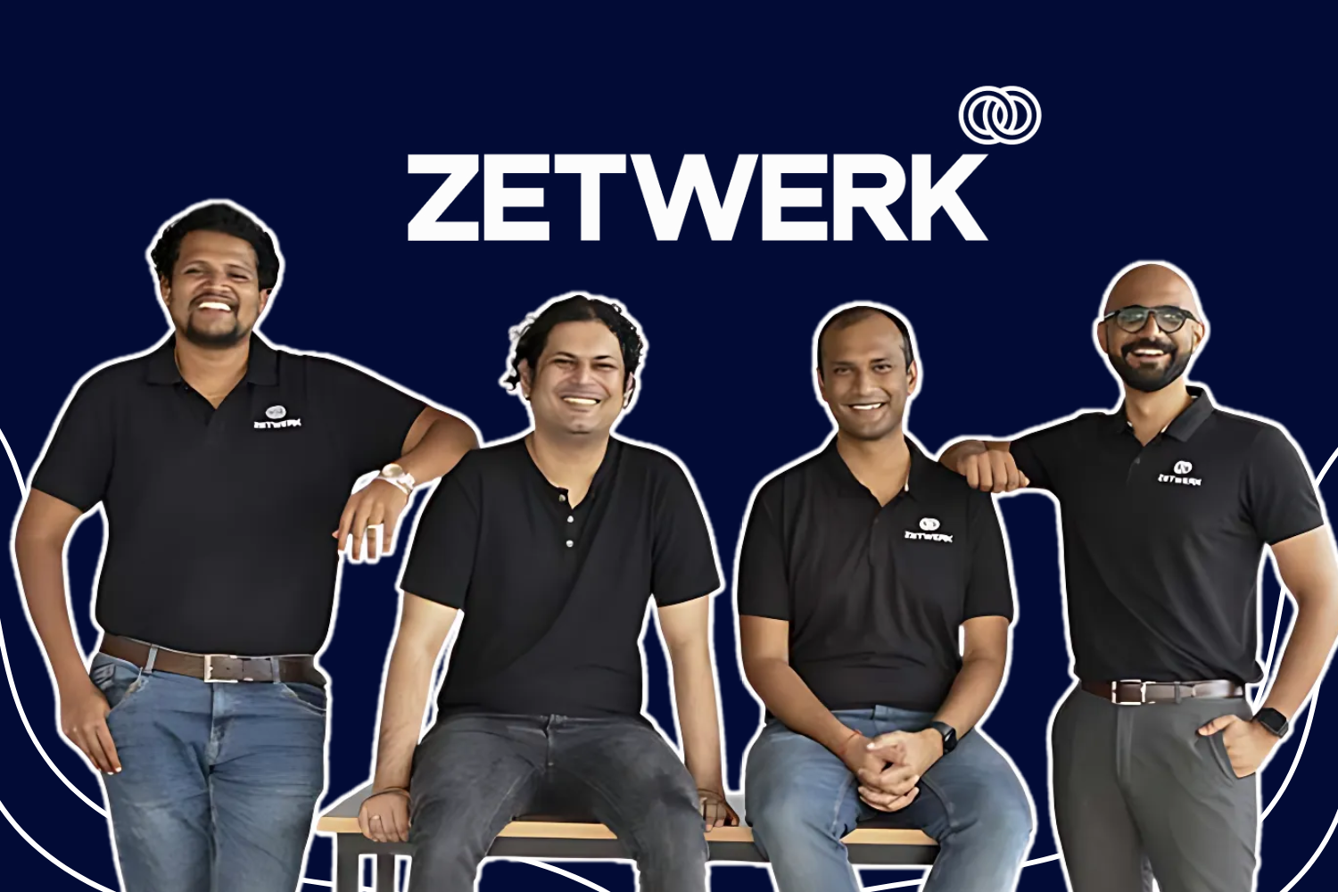 The founding team of Zetwerk, showcasing their collaborative spirit and expertise in industrial manufacturing, standing confidently against a deep blue background.