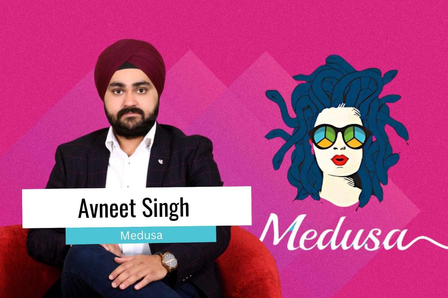 A man wearing a red turban and a dark blazer seated on a red chair against a pink background featuring an illustration of a stylized Medusa with blue hair, sunglasses, and red lips. The man is labeled with a white and turquoise name tag: 'Avneet Singh - Medusa.