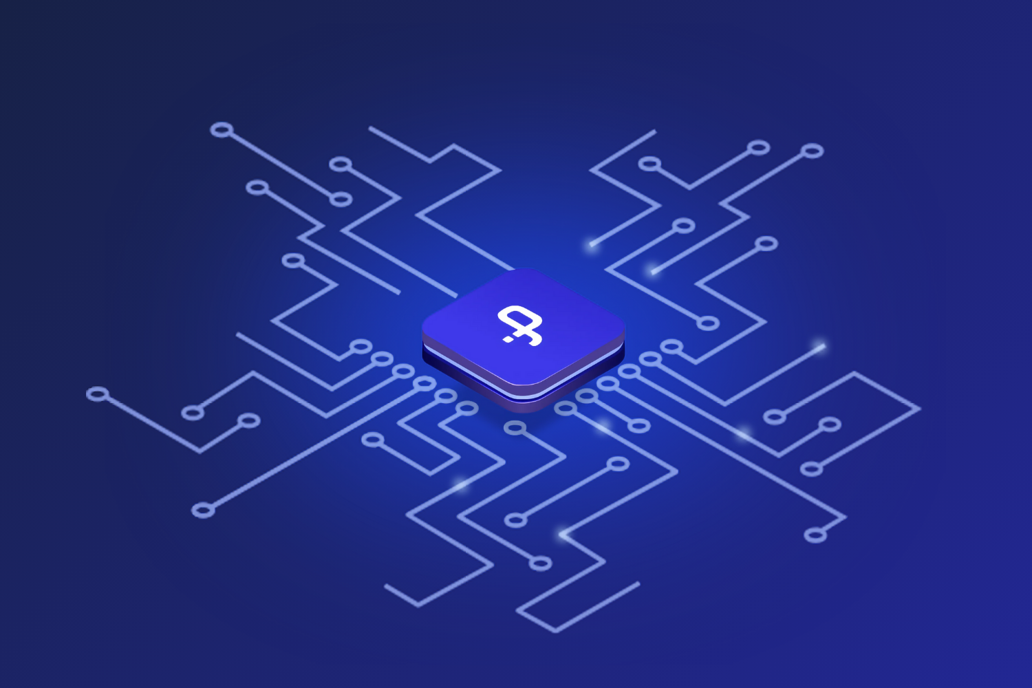 A sleek and futuristic design featuring a glowing blue circuit board pattern radiating from a central 3D button with a technology icon. The deep blue background enhances the modern and tech-focused aesthetic, symbolizing innovation and connectivity.