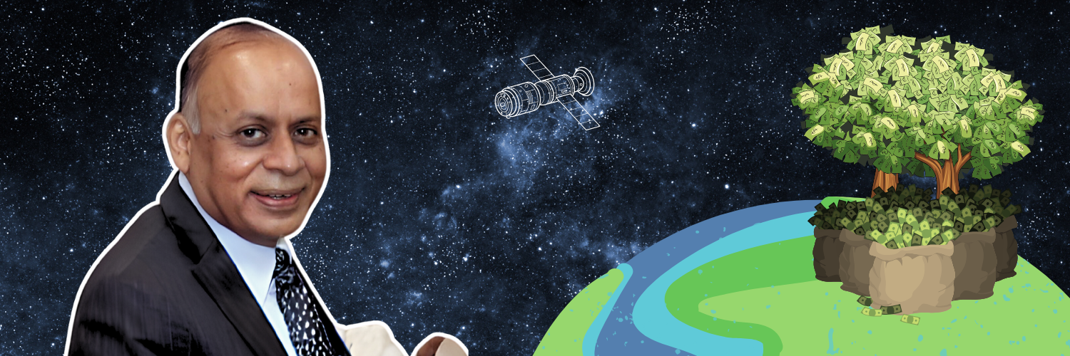 Image of Ajay Kumar, former defence secretary of India, with a backdrop featuring a satellite in space and a tree growing money on Earth, symbolizing his new venture capital firm, Mounttech Growth Fund, focused on defence, aerospace, and deeptech startups.